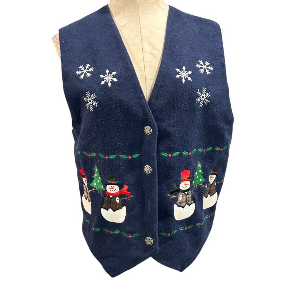 Large‎ Karen Scott Womens Holiday Christmas Button Up Vest Embroidered Navy Blue
